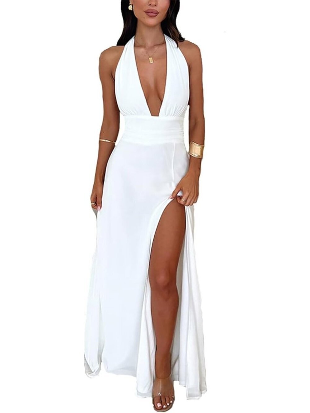 Women’s Sexy Halter Deep V Neck Sleeveless Backless High Split Maxi Summer Dress